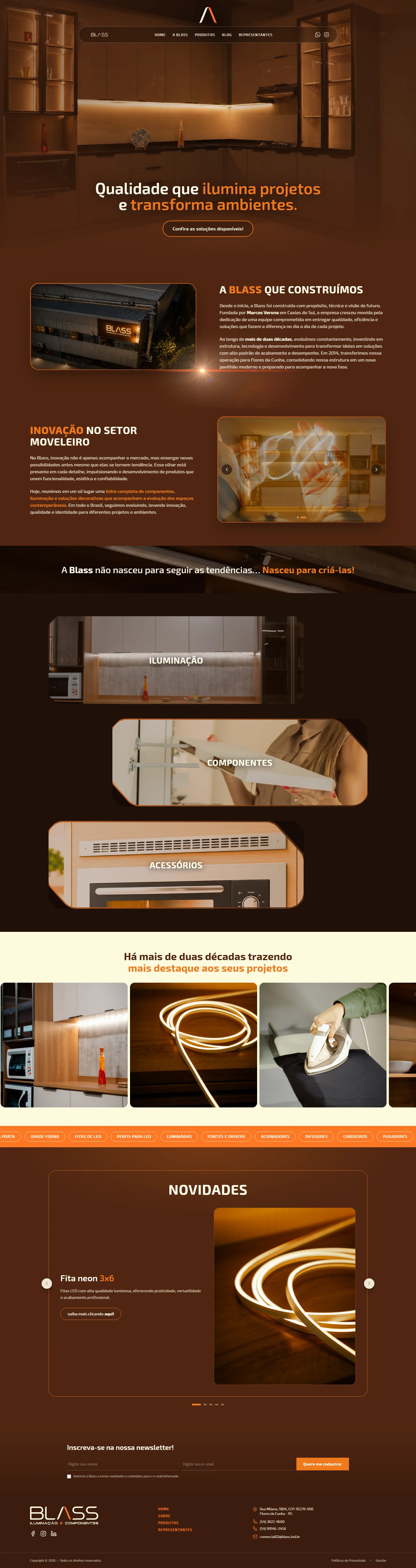Projeto Blass Iluminação & Componentes — Site institucional, catálogo de produtos, blog e painel de gestão