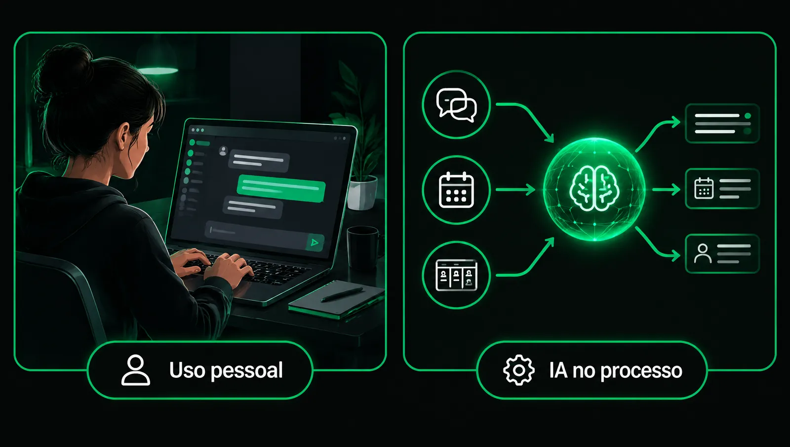 Dois níveis de uso de IA: uso pessoal com chat e IA integrada ao processo da empresa