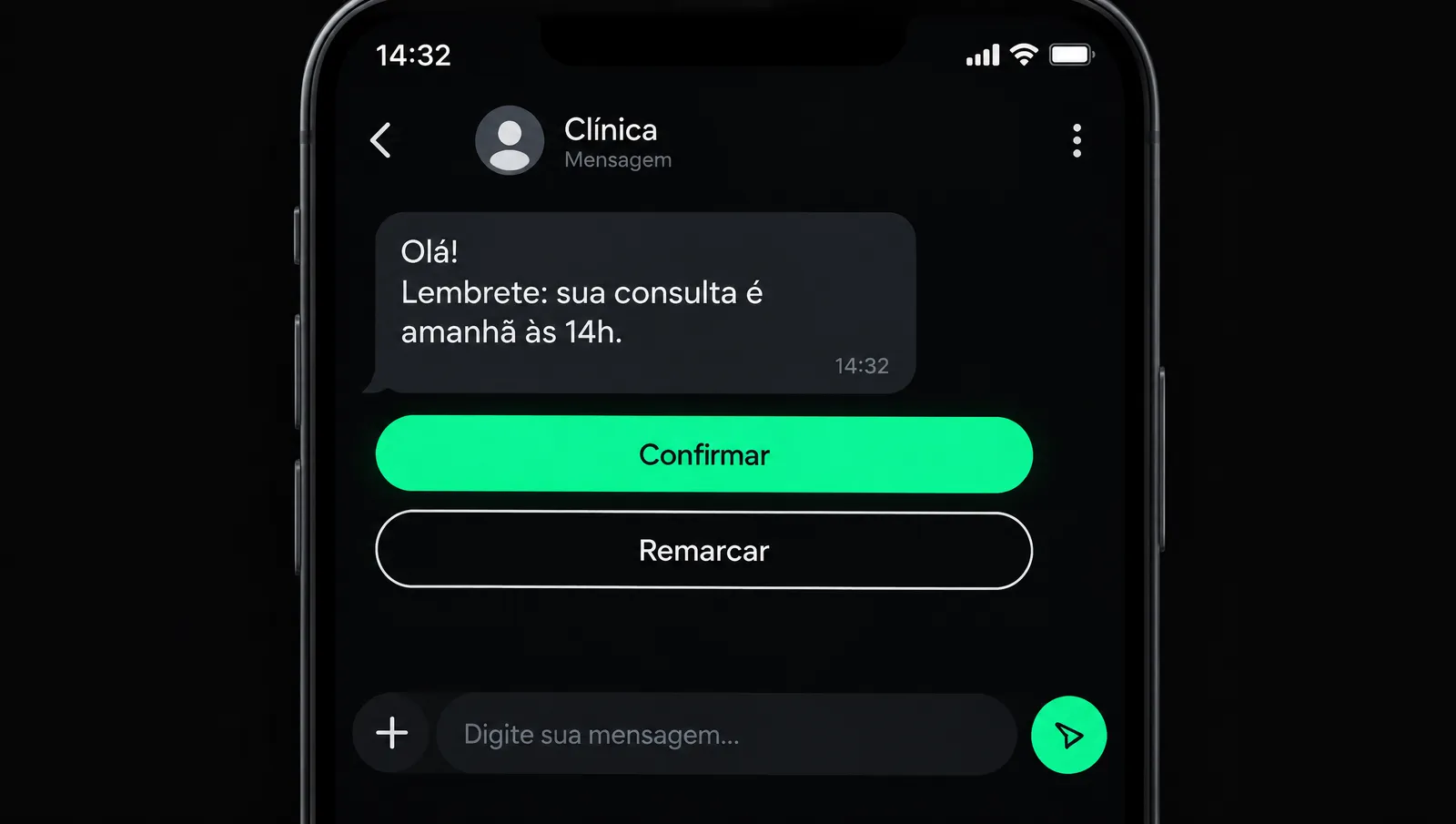 Exemplo de conversa no WhatsApp com lembrete de consulta e botões para confirmar ou remarcar